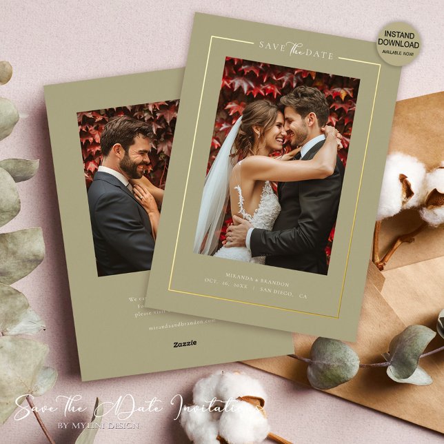 Invitation En Aluminium Modern Sage Elegant Photo Wedding Save the Date (Créateur téléchargé)