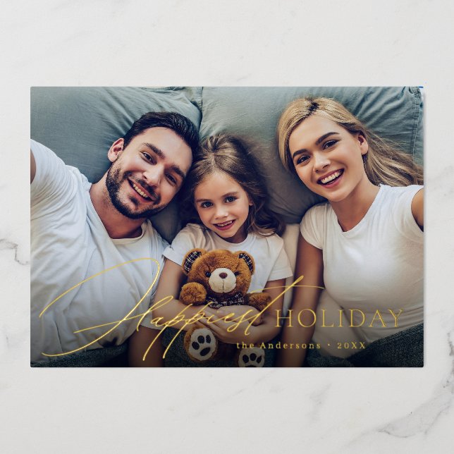 Invitation En Aluminium Modern Script Family Photo Happest Holiday card (Recto)
