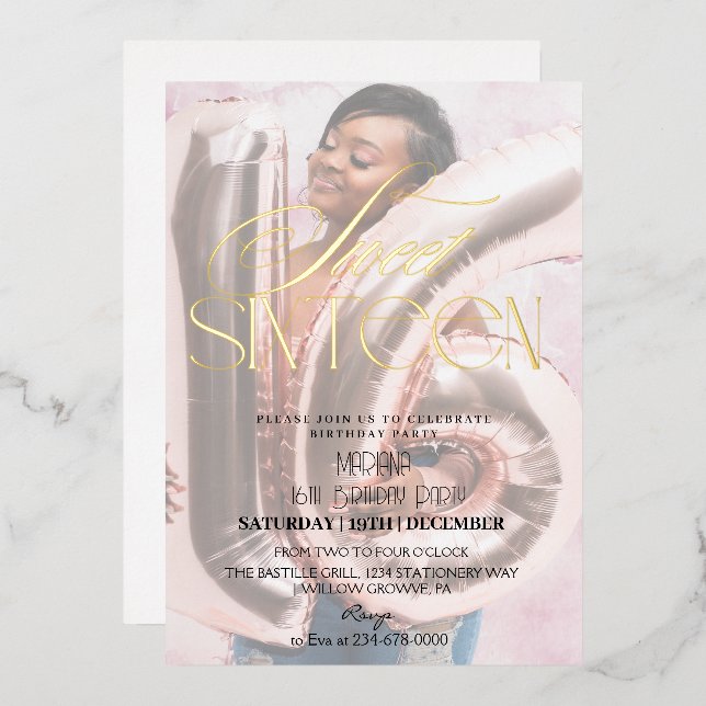 Invitation En Aluminium Modern Sweet 16 Black & Gold Photo Anniversaire (Recto/Verso)