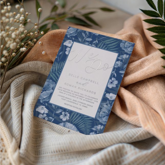 Invitation En Aluminium Modern Wild Flowers Blue & Silver We Do Wedding  (Créateur téléchargé)
