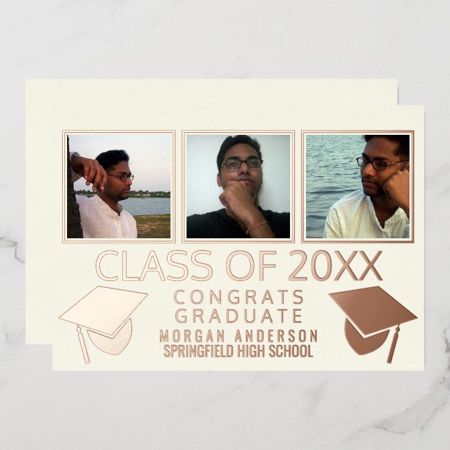Invitation En Aluminium Moderne 3 Captures de Graduation Photo Rose d'ivoi (Recto/Verso)
