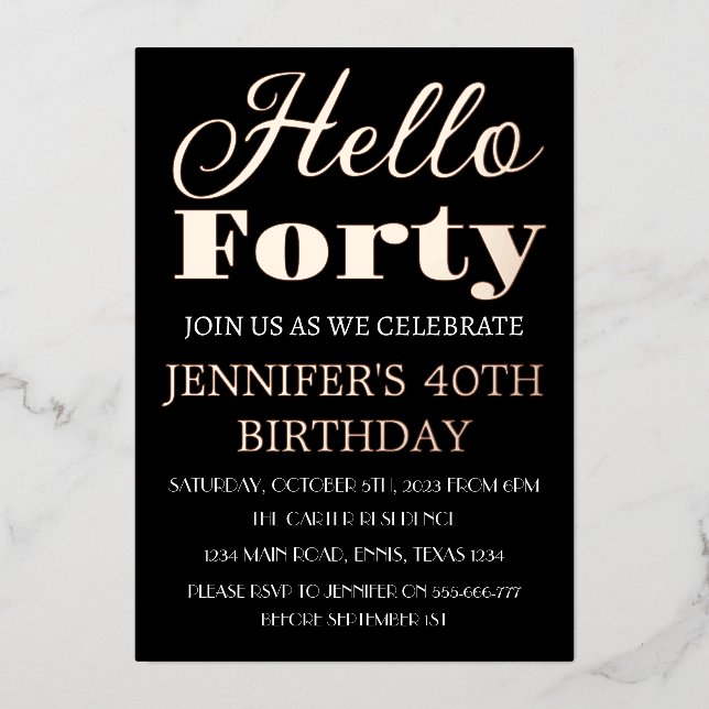 Invitation En Aluminium Moderne 40e anniversaire Black Rose Gold Foil QR C (Recto)