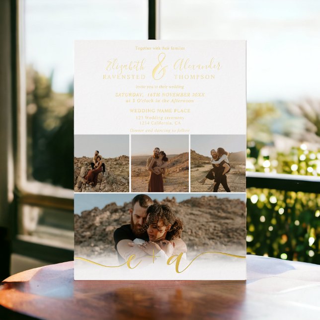 Invitation En Aluminium Moderne 5 Photos élégant script mariage or (Modern 5 Photos elegant script wedding gold Foil Invitation)
