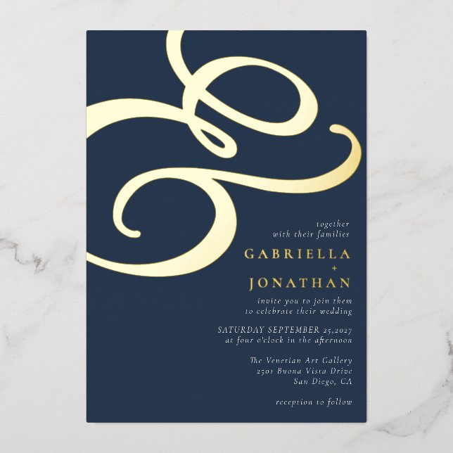 Invitation En Aluminium Moderne Ampersand Marine Blue Mariage Gold (Recto)