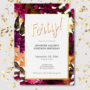 Invitation En Aluminium Moderne Anniversaire 40 ans Fleurs Rose et Or