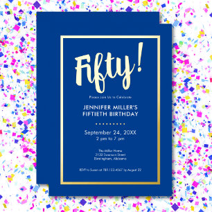 Invitation En Aluminium Moderne Anniversaire 50 Ans Bleu & Or
