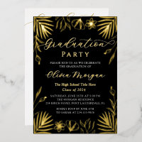 Moderne Black Gold Floral Script Graduation Photo