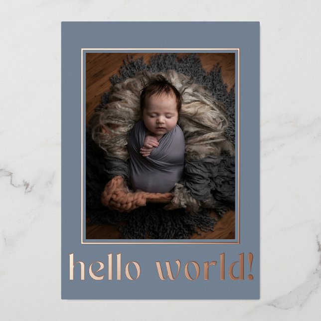Invitation En Aluminium Moderne Blue Grey Hello World Photo Naissance (Recto)