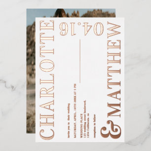 Invitation En Aluminium Moderne bold noms blanc mariage photo rose or