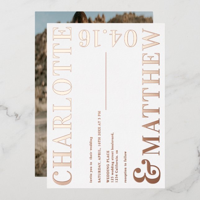 Invitation En Aluminium Moderne bold noms blanc mariage photo rose or (Recto/Verso)