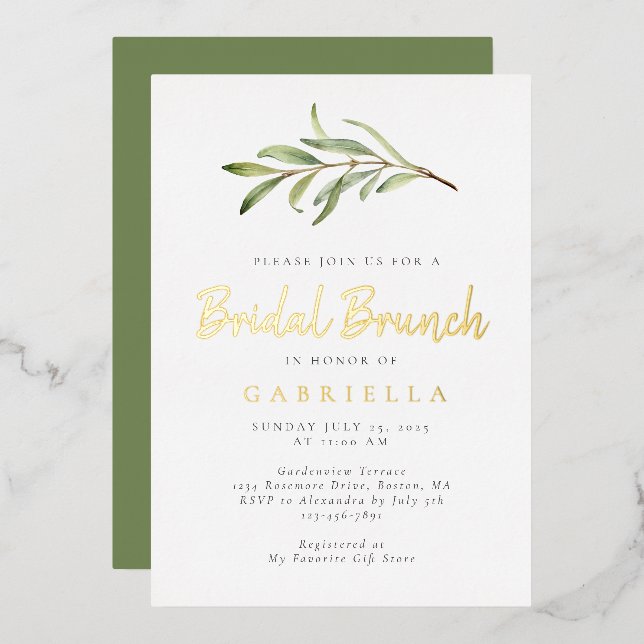 Invitation En Aluminium Moderne Branche d'olive Bridal Brunch Or (Recto/Verso)