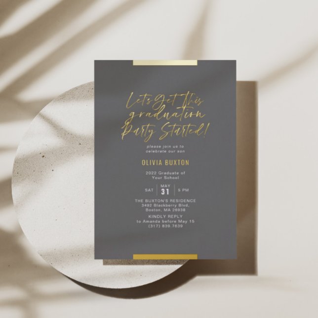 Invitation En Aluminium Moderne Calligraphie Graduation Blush Grey Gold (Créateur téléchargé)