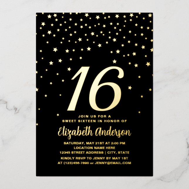 Invitation En Aluminium Moderne Chic Black and Gold Stars Sweet 16 Anniver (Recto)