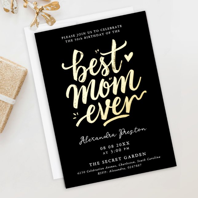 Invitation En Aluminium Moderne Chic Black Best Mom 50th Gold Brush Script (Créateur téléchargé)