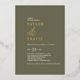 Invitation En Aluminium Moderne Chic Gold Foil Olive Green Mariage Décontr