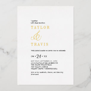 Invitation En Aluminium Moderne Chic Or Doré Mariage Casual Blanc Noir 
