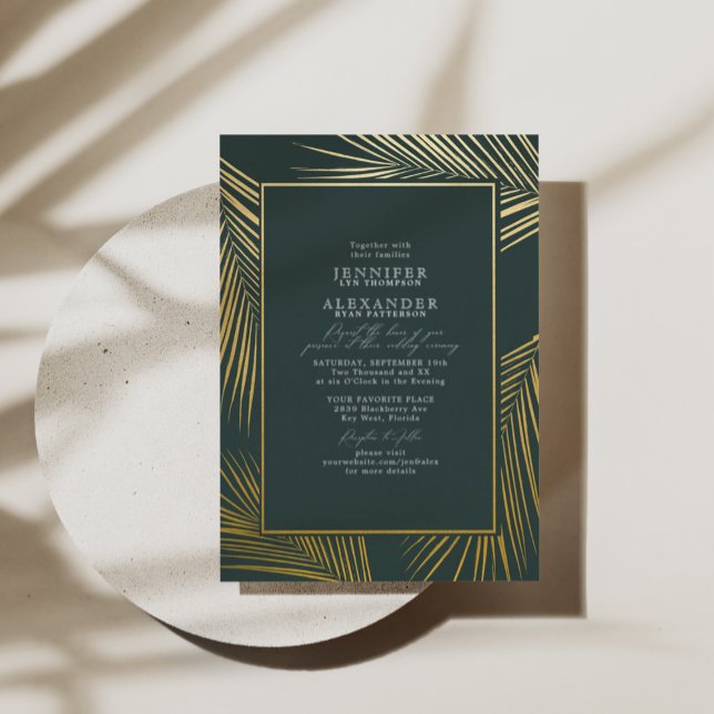 Invitation En Aluminium Moderne Chic Plage Palm & RSVP QR Code Mariage Or (Créateur téléchargé)