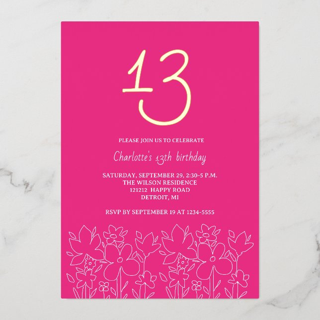 Invitation En Aluminium Moderne Cute Fleur sauvage 13e anniversaire (Recto)