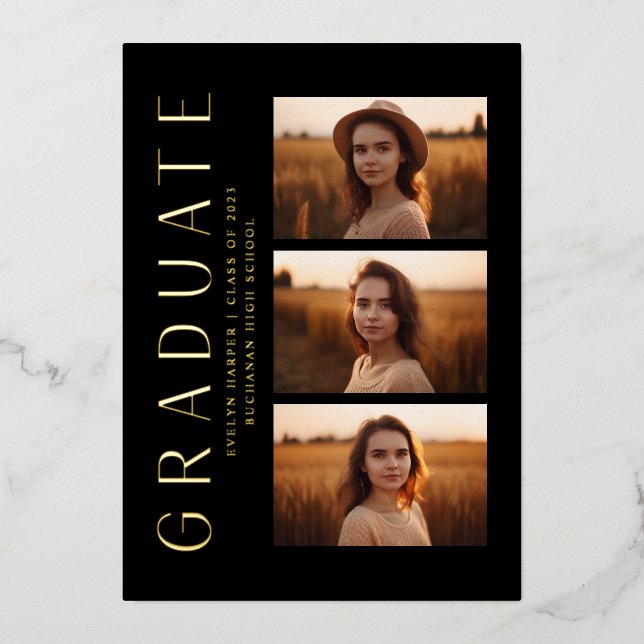 Invitation En Aluminium Moderne Elegant Black 4 Photo Graduation Party (Recto)