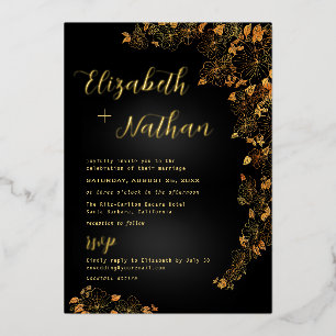 Invitation En Aluminium Moderne Elégant Floral Black & Gold Mariage
