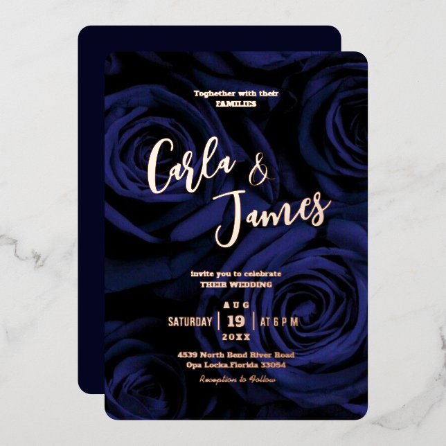 Invitation En Aluminium Moderne élégant marine bleu or mariage de calligra (Recto/Verso)