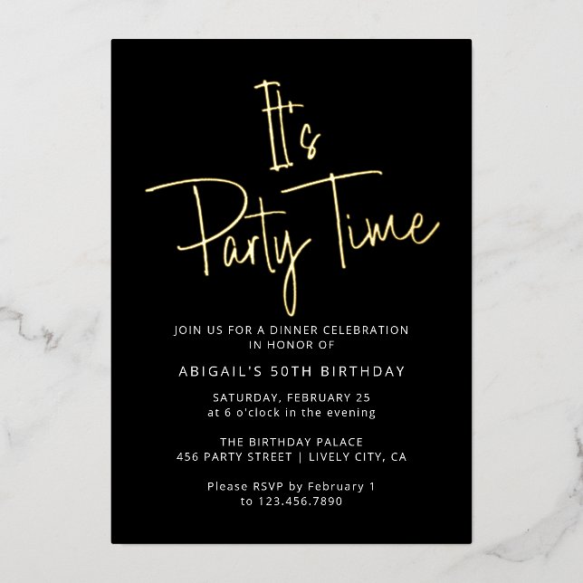 Invitation En Aluminium Moderne Elegant Noir & Or Anniversaire Fête Heure (Recto)