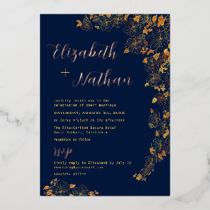 Invitation En Aluminium Moderne Élégant Or Floral Bleu Marine Mariage