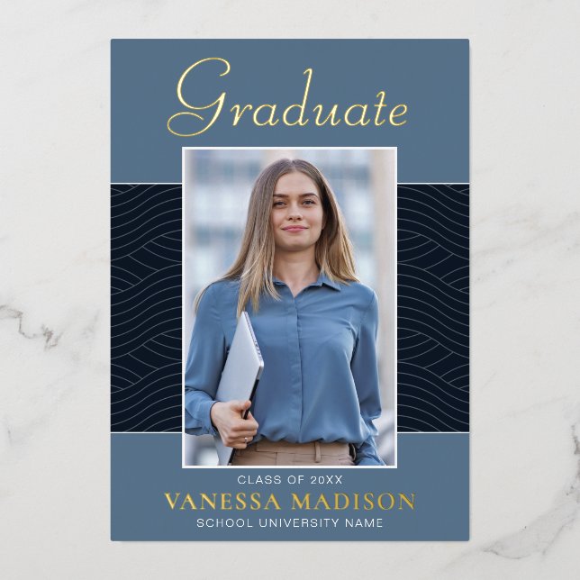 Invitation En Aluminium Moderne | Élégant Script 1 Photo Foil Grad Card (Recto)