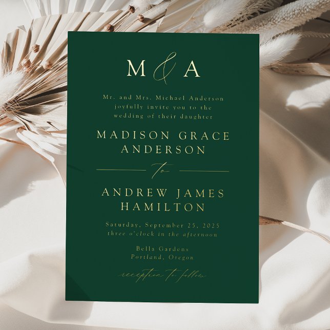 Invitation En Aluminium Moderne Elegant Vert et Or Monogramme Mariage (Créateur téléchargé)