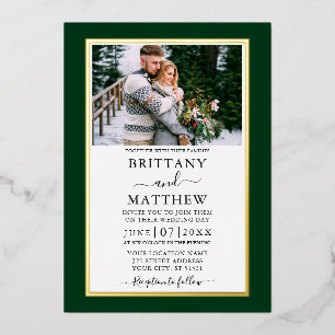 Invitation En Aluminium Moderne Élégant Vert Photo Mariage Or