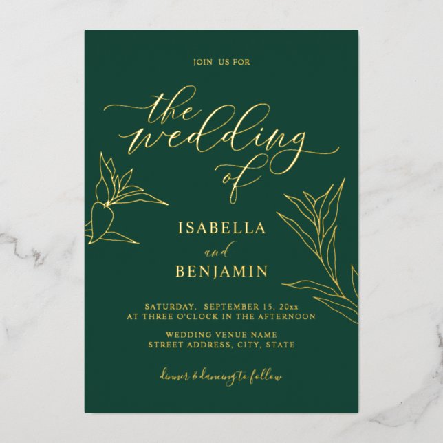 Invitation En Aluminium Moderne Emerald Gold Calligraphy Mariage botanique (Recto)