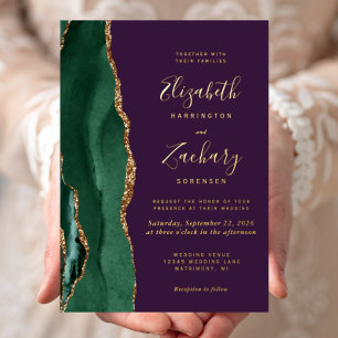 Invitation En Aluminium Moderne Emerald Green Gold Agate violet Mariage