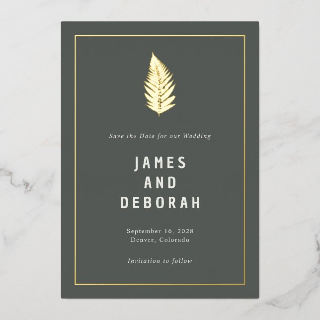Invitation En Aluminium Moderne Ferns Woodland Mariage Gold Enregistrer la (Recto)