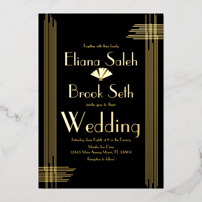 Invitation En Aluminium Moderne Gabsty Art Déco Mariage or Pressé (Recto)