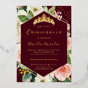 Invitation En Aluminium Moderne Geo Bourgogne Floral Quinceanera Blush