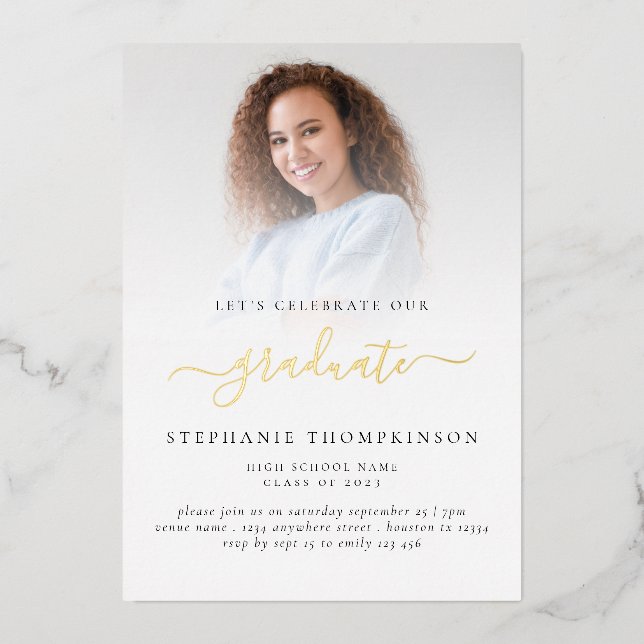 Invitation En Aluminium Moderne Grad 2023 Photo Graduation Party Gold Real (Recto)