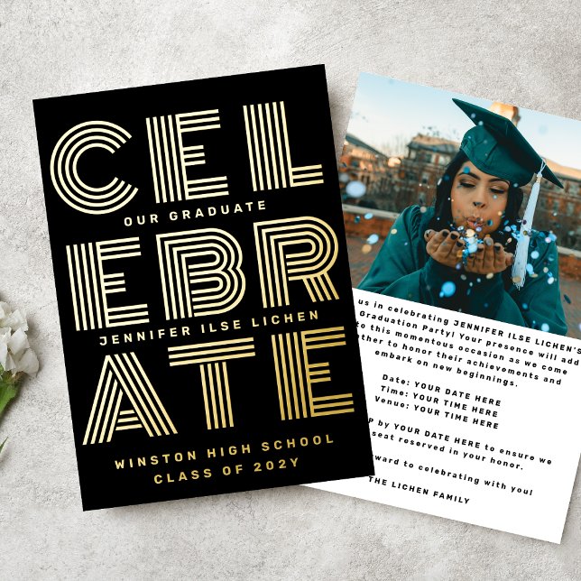 Invitation En Aluminium MODERNE GRAD PARTY | Classe de 2024 Gold Pressé (Créateur téléchargé)