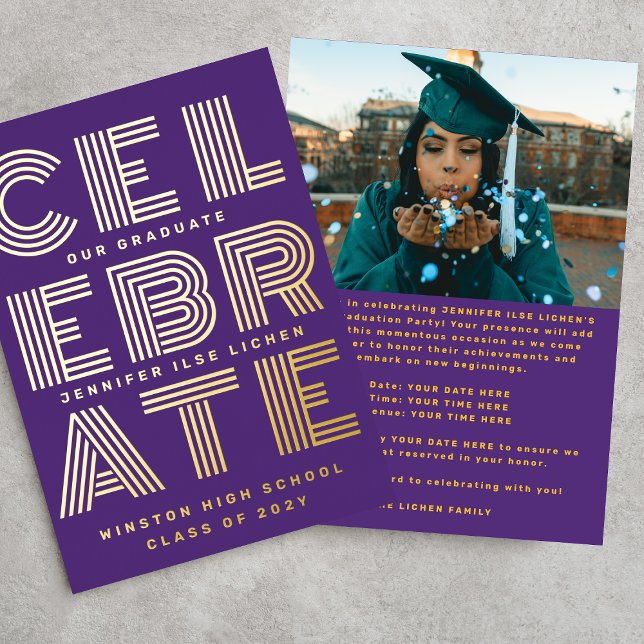 Invitation En Aluminium MODERNE GRAD PARTY | Classe de 2025 Purple Gold (Créateur téléchargé)