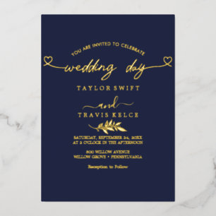 Invitation En Aluminium Moderne Jour de Mariage Navy en Écriture de Feuill