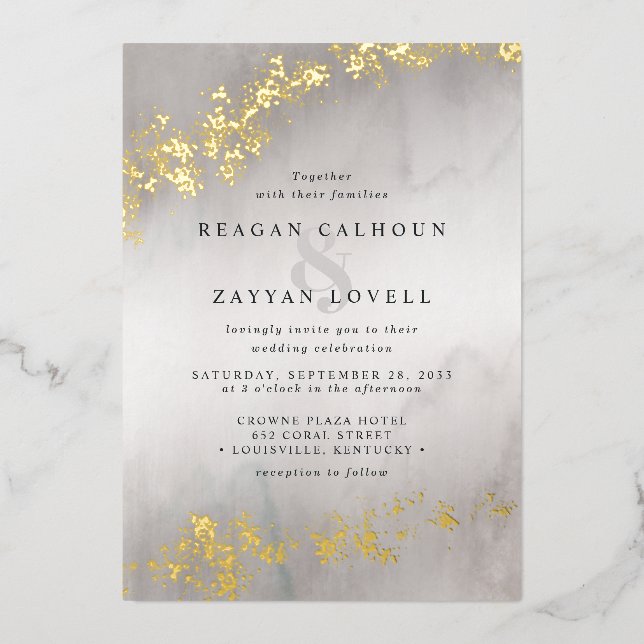 Invitation En Aluminium Moderne Luxe Gold Flecks Gris Aquarelle Mariage (Recto)