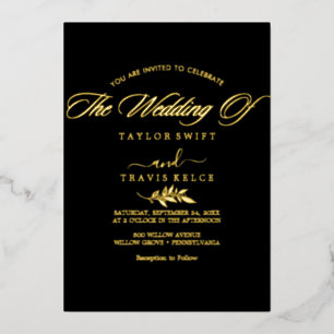 Invitation En Aluminium Moderne Mariage de l'Écriture à Feuille d'Or Noire