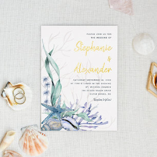 Invitation En Aluminium Moderne Mariage Plage Aquarelle Coquillages Bleus