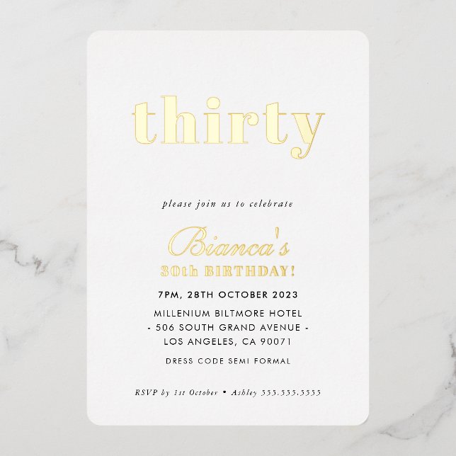 Invitation En Aluminium MODERNE MINIMAL chic simple or de trente ans (Recto)
