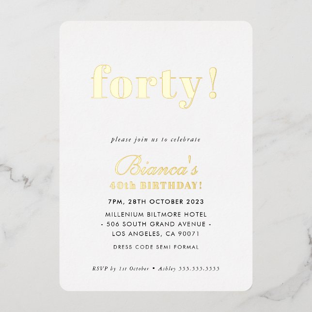 Invitation En Aluminium MODERNE MINIMAL simple chic or quarante ans (Recto)