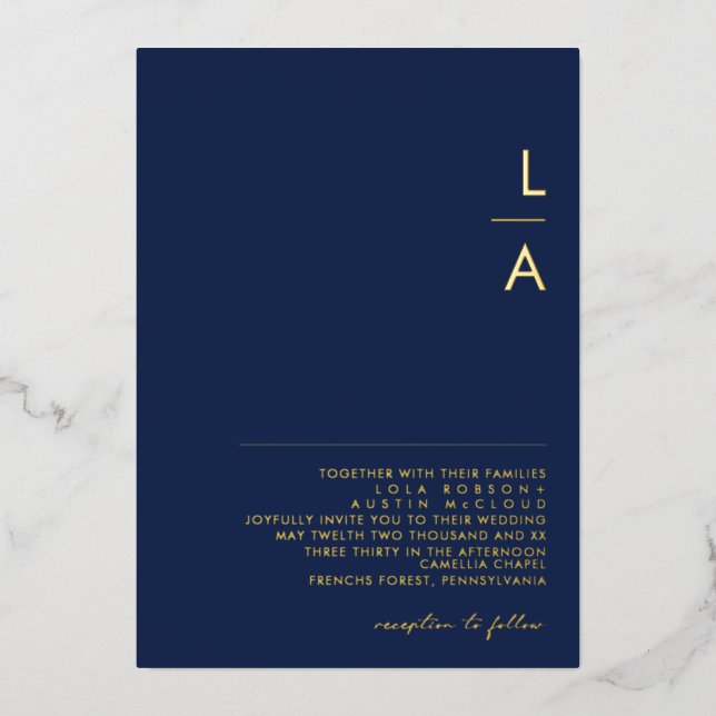 Invitation En Aluminium Moderne Minimale Marine Et Monogramme Or Mariage R (Recto)