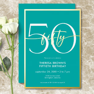Invitation En Aluminium Moderne minimaliste Turquoise Cinquante Script Ann