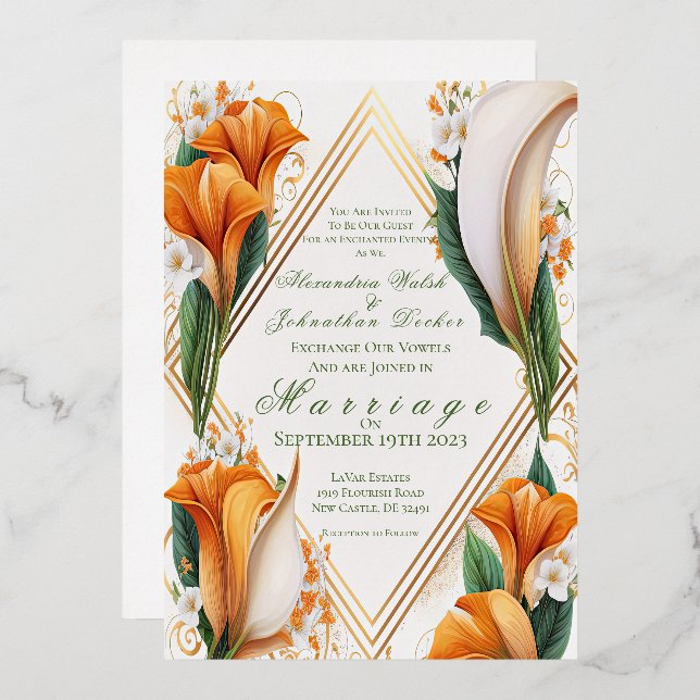 Invitation En Aluminium Moderne Orange et Ivory Calla Lilies Mariage (Recto/Verso)