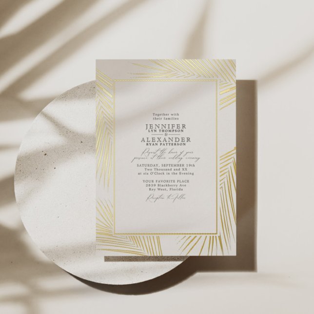 Invitation En Aluminium Moderne Palm Mariage d'or d'ivoire (Créateur téléchargé)