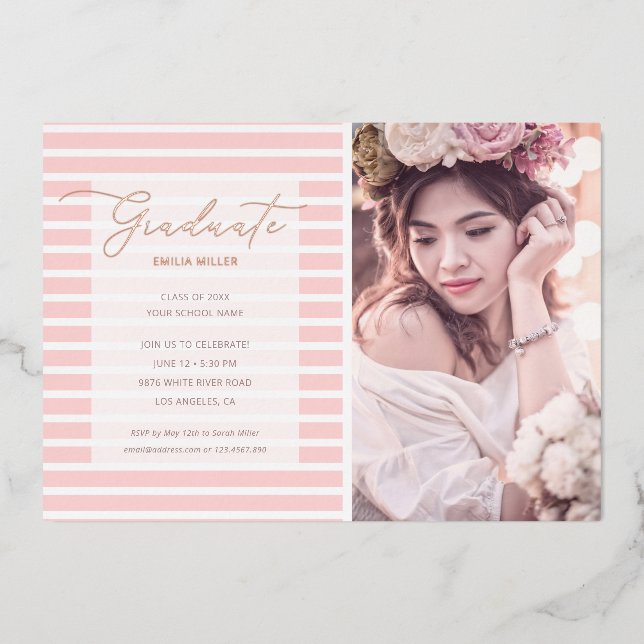 Invitation En Aluminium Moderne Photo Blush Pink Stripes Graduation (Recto)