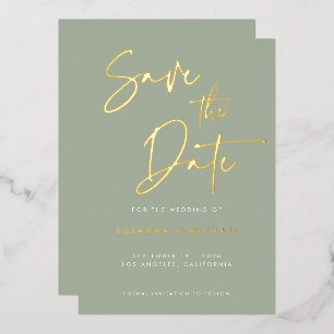 Invitation En Aluminium Moderne Sage Green Calligraphie Mariage Or